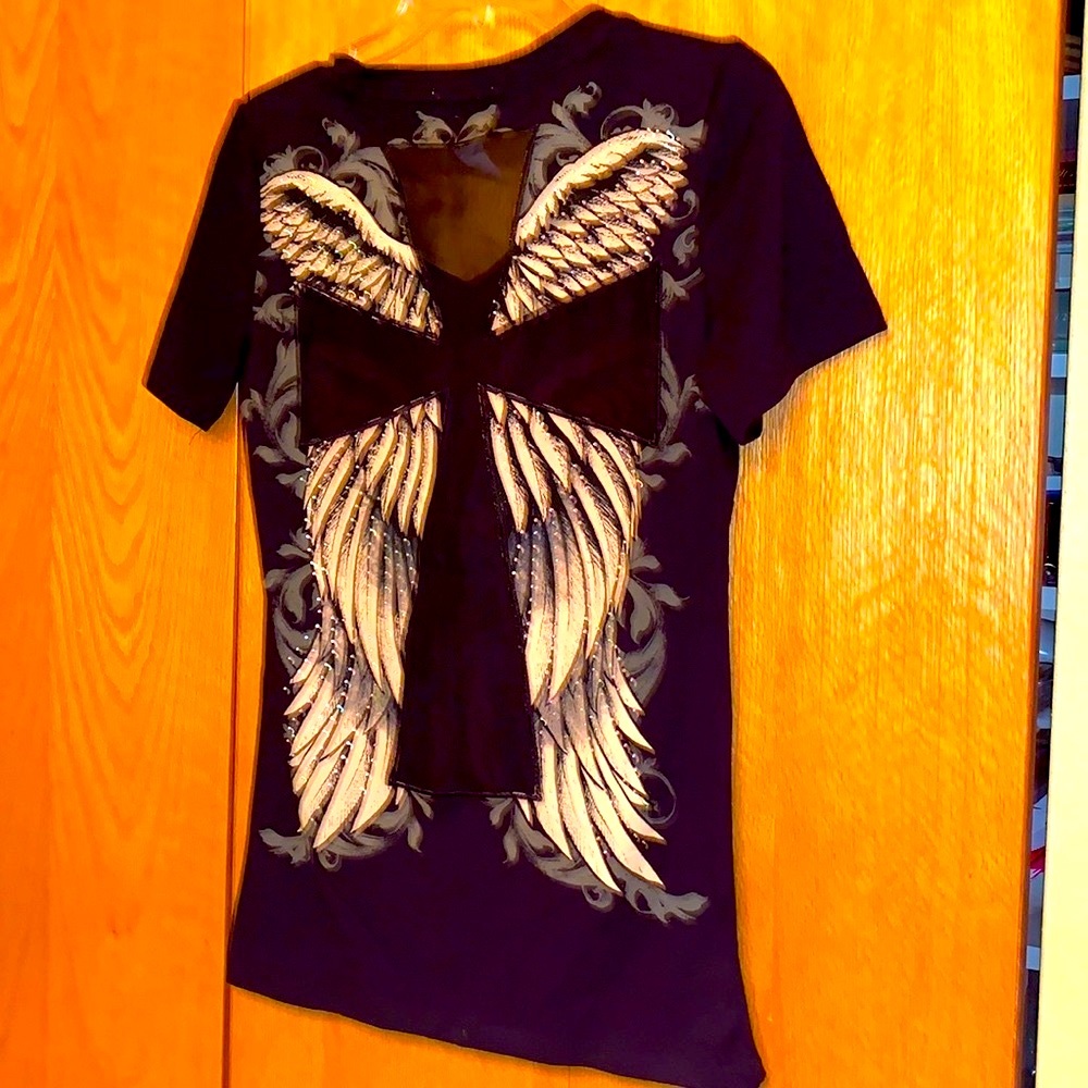 From Los Angeles Bus Stop XL sheer black studded tee shirt cross moto wings EUC